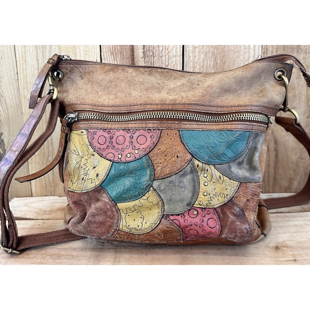 Fossil Leather Patchwork Hobo Purse BOHO Village Hippie Festival